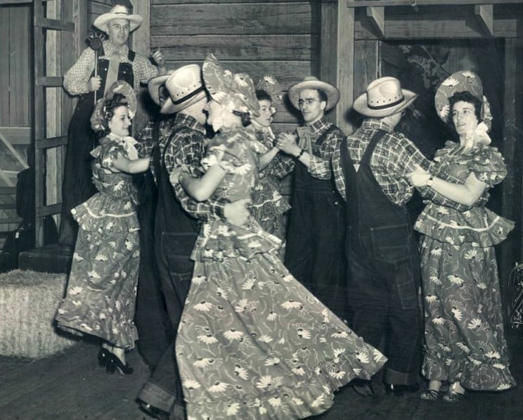 Square dance caller and couples, National Barn Dance, 1940