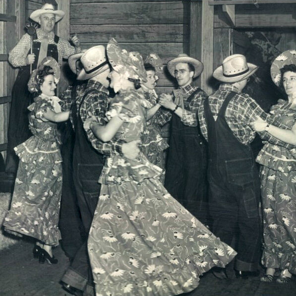 Square dance caller and couples, National Barn Dance, 1940